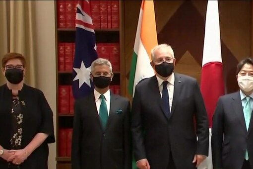 (From extreme left) Australian foreign minister Marise Payne, union minister S Jaishankar, Australian PM Scott Morrison and Japanese foreign minister Yoshimasa Hayashi, and US secretary of state Antony Blinken (not pictured), participate in the 4th Quad meeting in Melbourne on February 11. (Photo: ANI File)