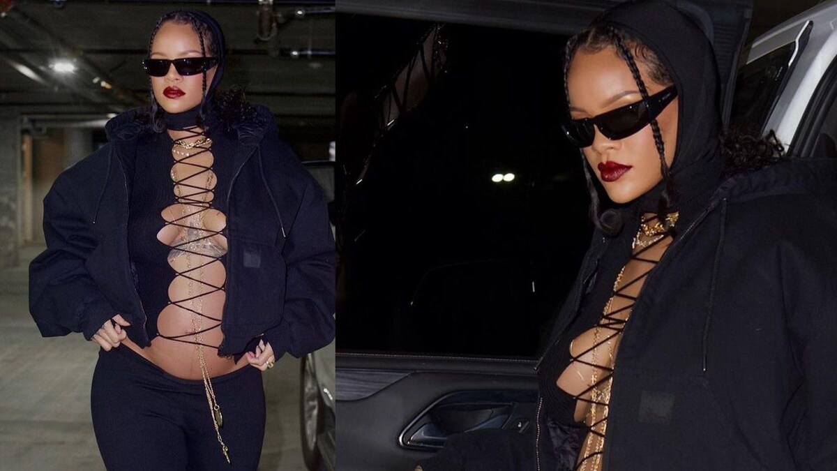 Rihanna Flaunts Her Baby Bump In Lace-Up Daring Black Top