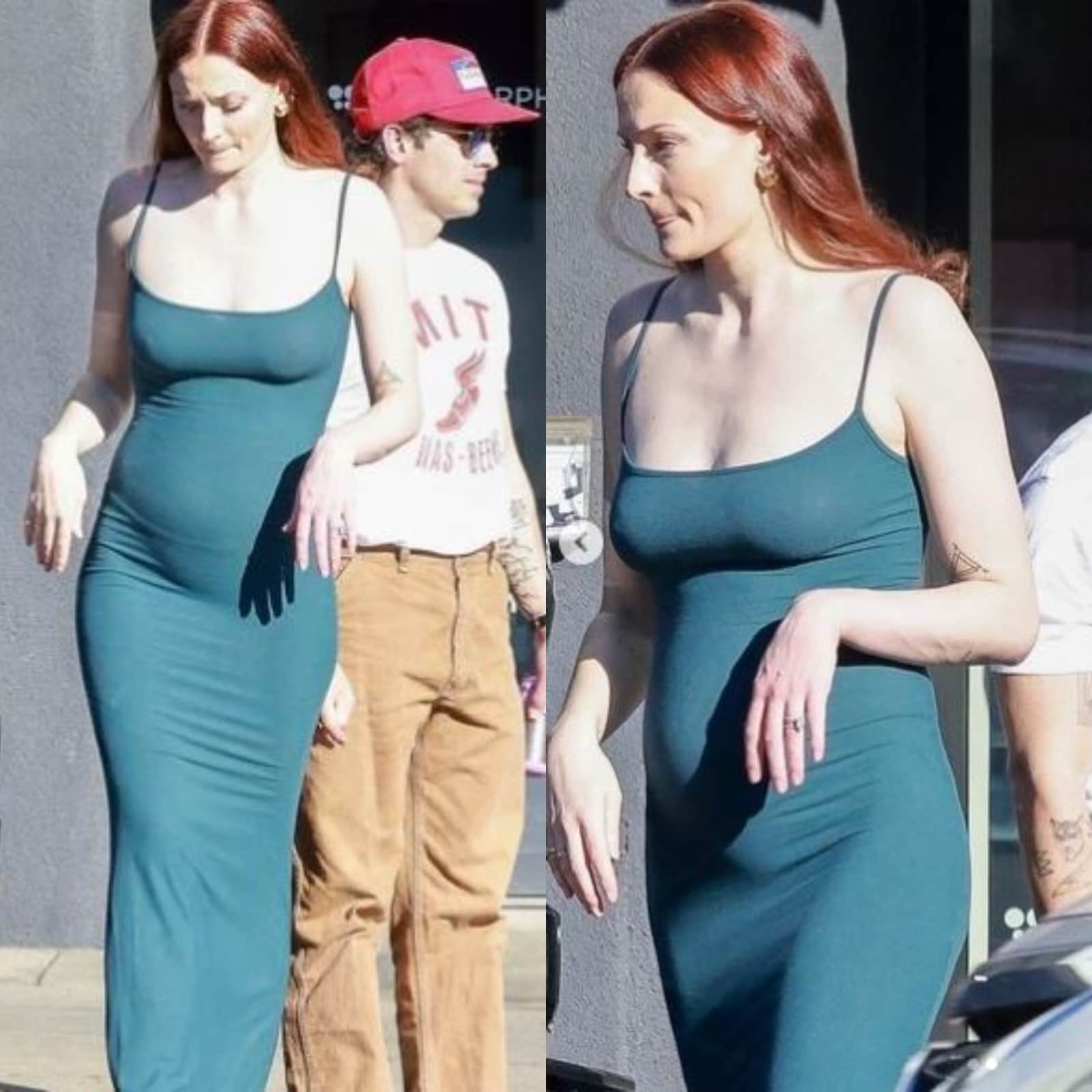 Pregnant Sophie Turner shows off baby bump in a mini dress and gray spandex  on a walk with husband Joe Jonas and parents – The US Sun