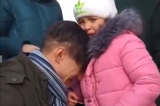 In the viral video, the father-daughter duo from Ukraine can be seen in a tearful goodbye, as the child leaves for a safe place and the man reportedly stays back to fight. (Image: Twitter/video grab) 