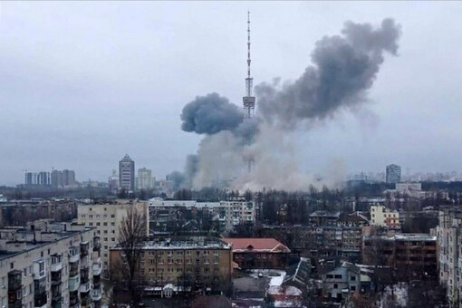 This handout picture released on the Facebook page of the Ukrainian Interior ministry on March 1, 2022 show the smoke after a missile attack targeting the Ukrainian capital’s television centre in Kyiv.
(AFP)