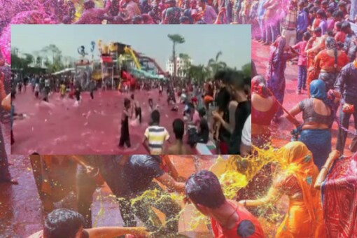 People at Patna waterpark indulge in Holi celebrations with their humble footwear. 