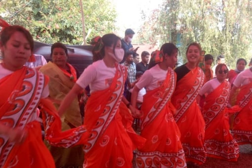 Celebrations at the residence of Manipur CM N Biren Singh in Imphal as BJP heads for victory in the state. (Image: Screengrab/News18)