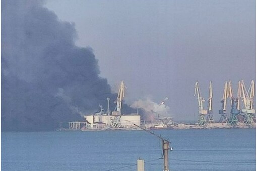 Ukraine's port of Berdyansk reportedly caught fire after Russian occupiers blew up fuel tanks, reports said. (Photo: Twitter/@nexta_tv)  