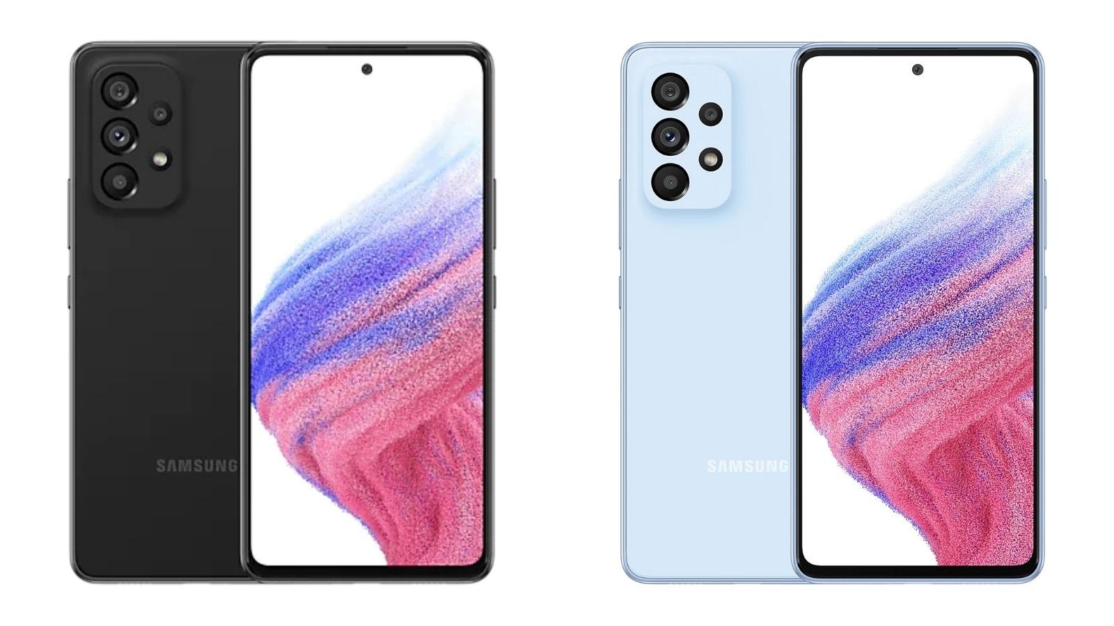  The image shows two Samsung Galaxy A53 5G smartphones in black and blue colors, with a similar design to the iPhone 12.