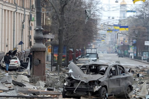 A view shows the area near the regional administration building, which city officials said was hit by a missile attack, in central Kharkiv, Ukraine (Image: Reuters)