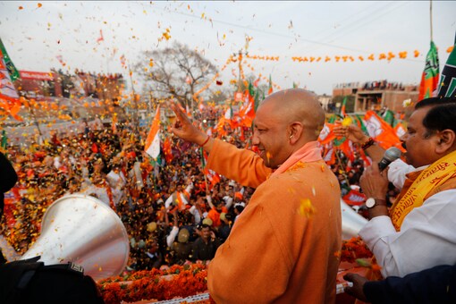 Uttar Pradesh Chief Minister Yogi Adityanath leads a roadshow to campaign for the state assembly elections in Ayodhya, on February 24, 2022. (File photo: AP)