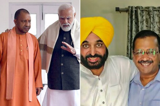 PM Modi with UP CM Yogi Adityanath and AAP chief Arvind Kejriwal with Punjab CM Bhagwant Mann.