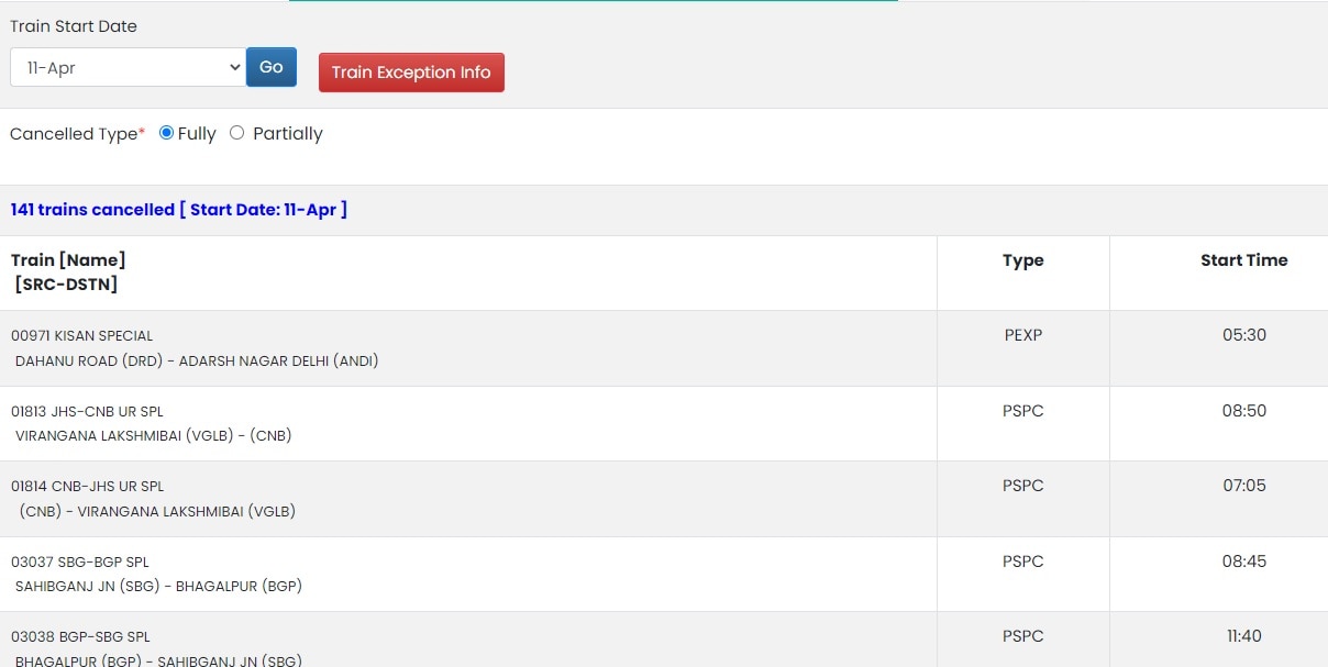 Step 3: Select Fully option in Cancelled Type to see list of trains with time, routes and other details.