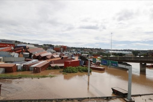 A general view of containers that fell over at a container storage facility following heavy rains and winds in Durban, on April 12. (Image: AFP)