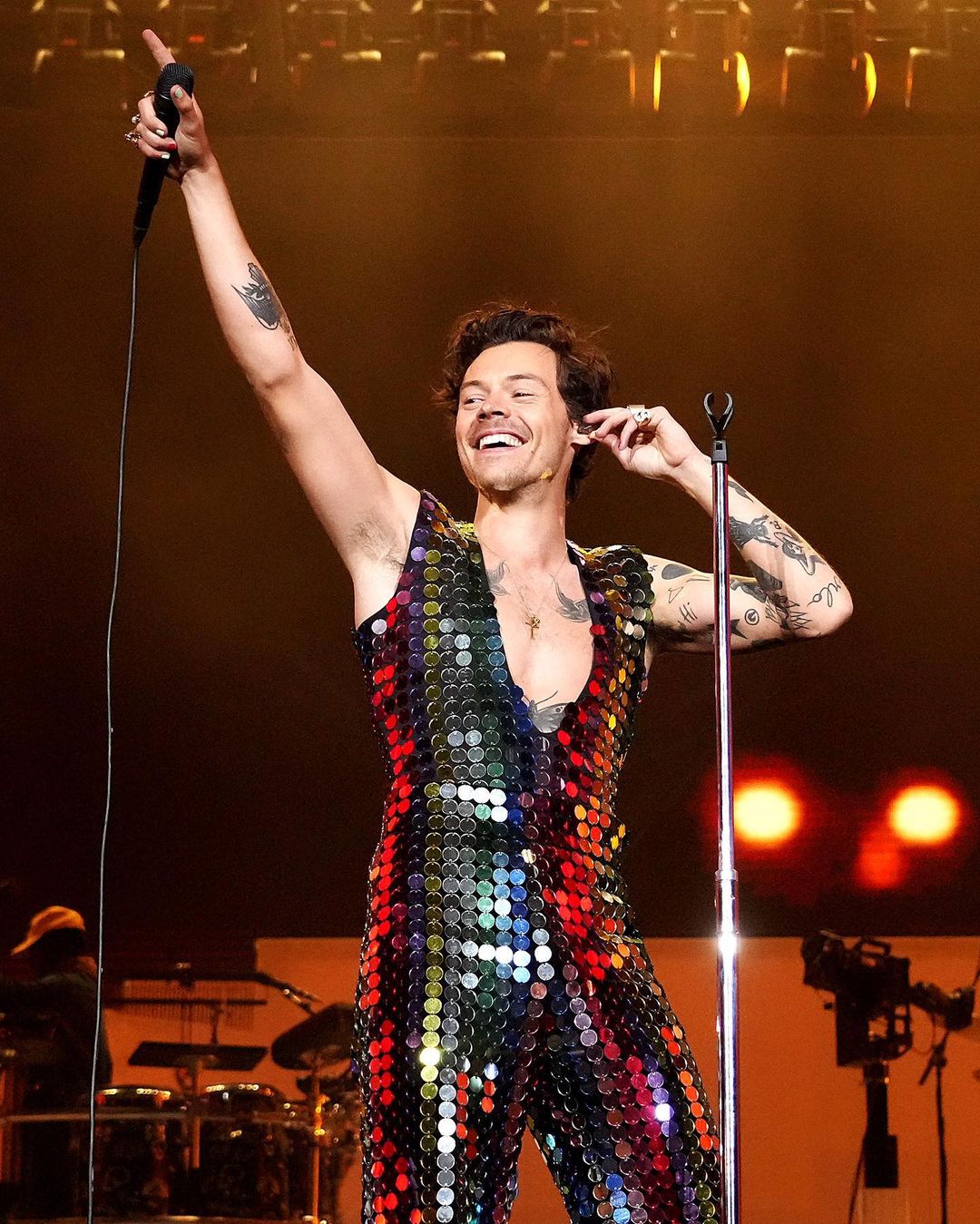 Singer Harry Styles in a custom made Gucci jumpsuit Image Instagram