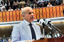 In this photo released by National Assembly of Pakistan, newly elected Pakistan's PM Shehbaz Sharif addresses a session, in Islamabad, on Monday. (AP/PTI Photo)