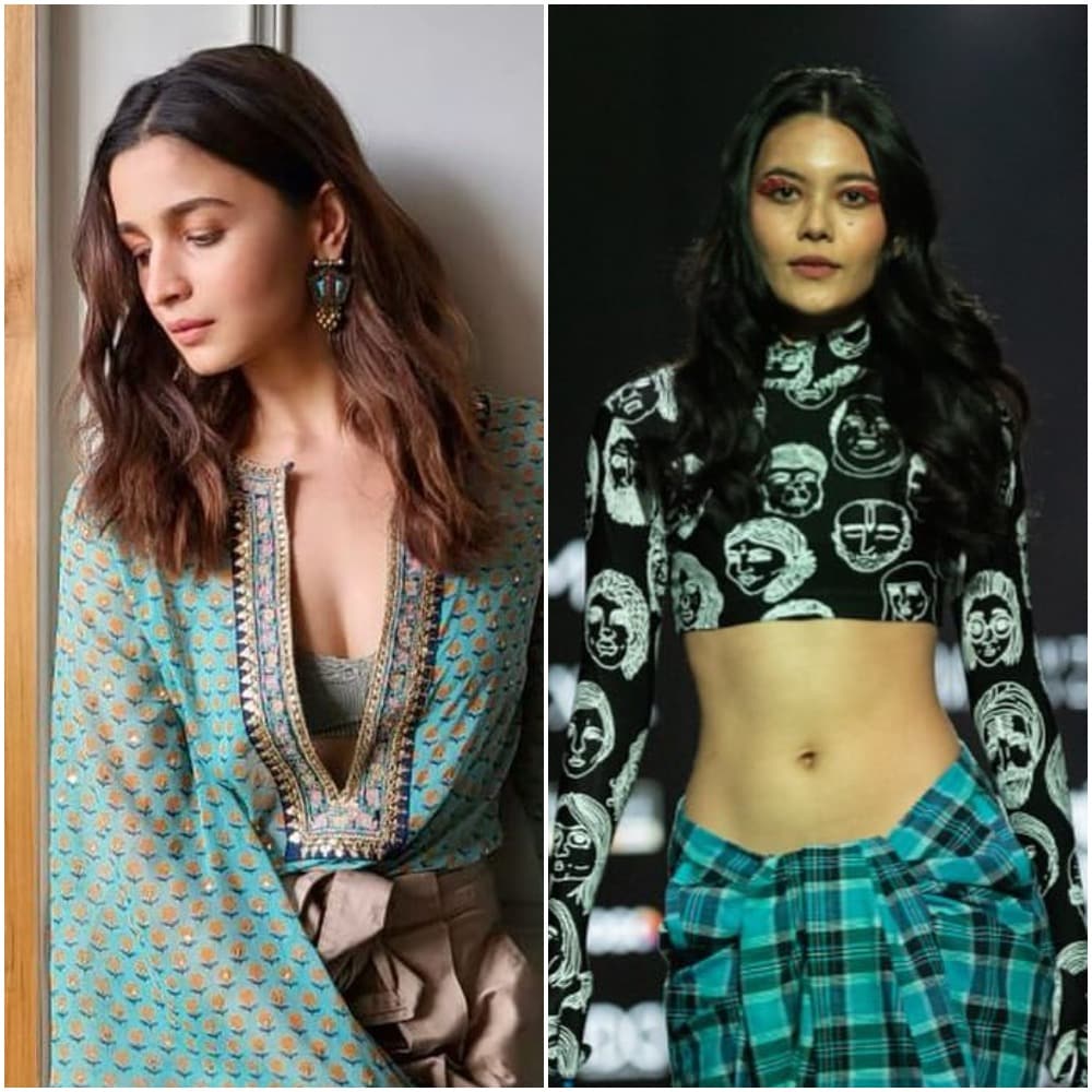 Alia Bhatt in Sabyasachi x H&M; (right) A model in Huemn crop top paired with a checkered lungi. Image: Instagram