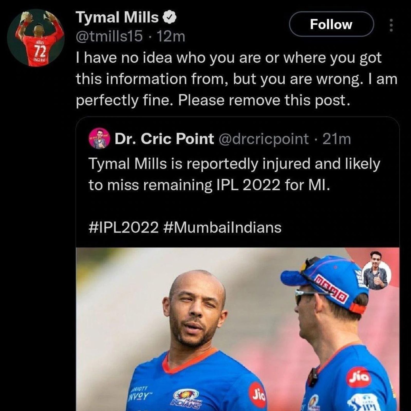 Tymal Mills' tweet that he deleted later