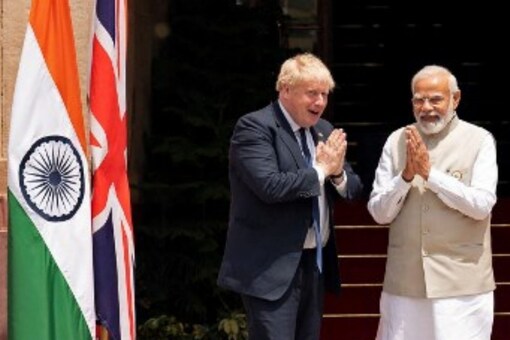 Prime Minister Narendra Modi (R) and his British counterpart Boris Johnson before their meeting at Hyderabad House in New Delhi on Friday. (Image: Stefan Rousseau/POOL/AFP)