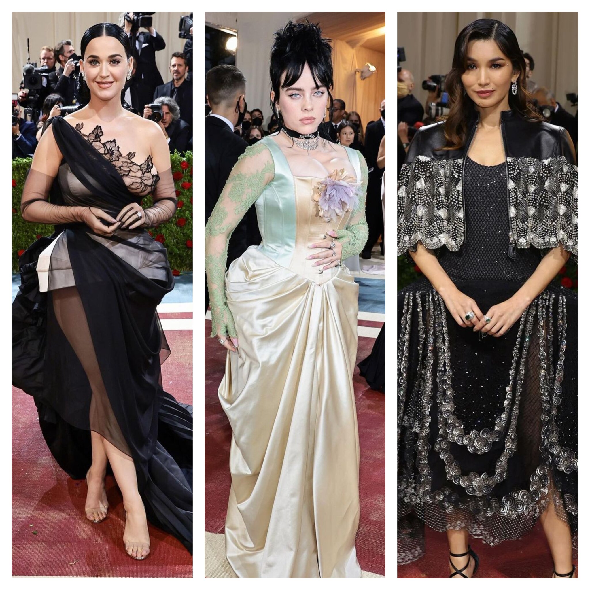 Katy Perry, Billie and Gemma Chan experimenting with the bustle and corset style silhouettes on the red carpet.
