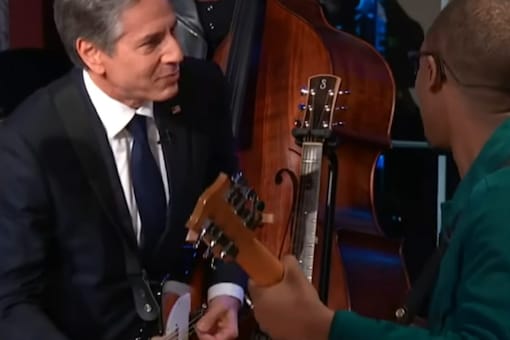 US secretary of state Antony Blinken jams with late night TV show host Stephen Colbert’s house band at the end of an episode (Image: YouTube/The Late Show With Stephen Colbert)
