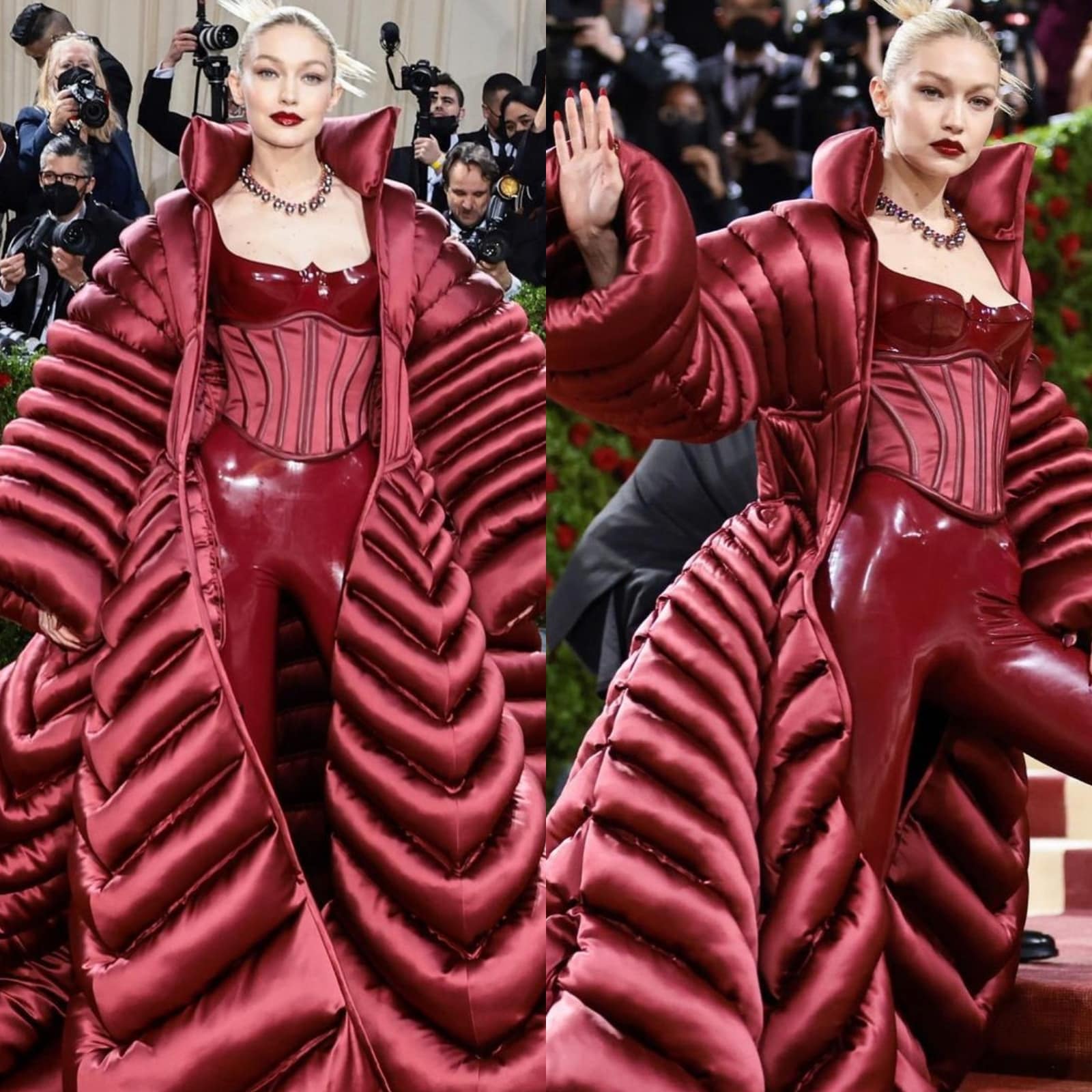 Gigi Hadid Wore a Bold Red Leather Catsuit and Corset to the 2022 Met  Gala—See Pics