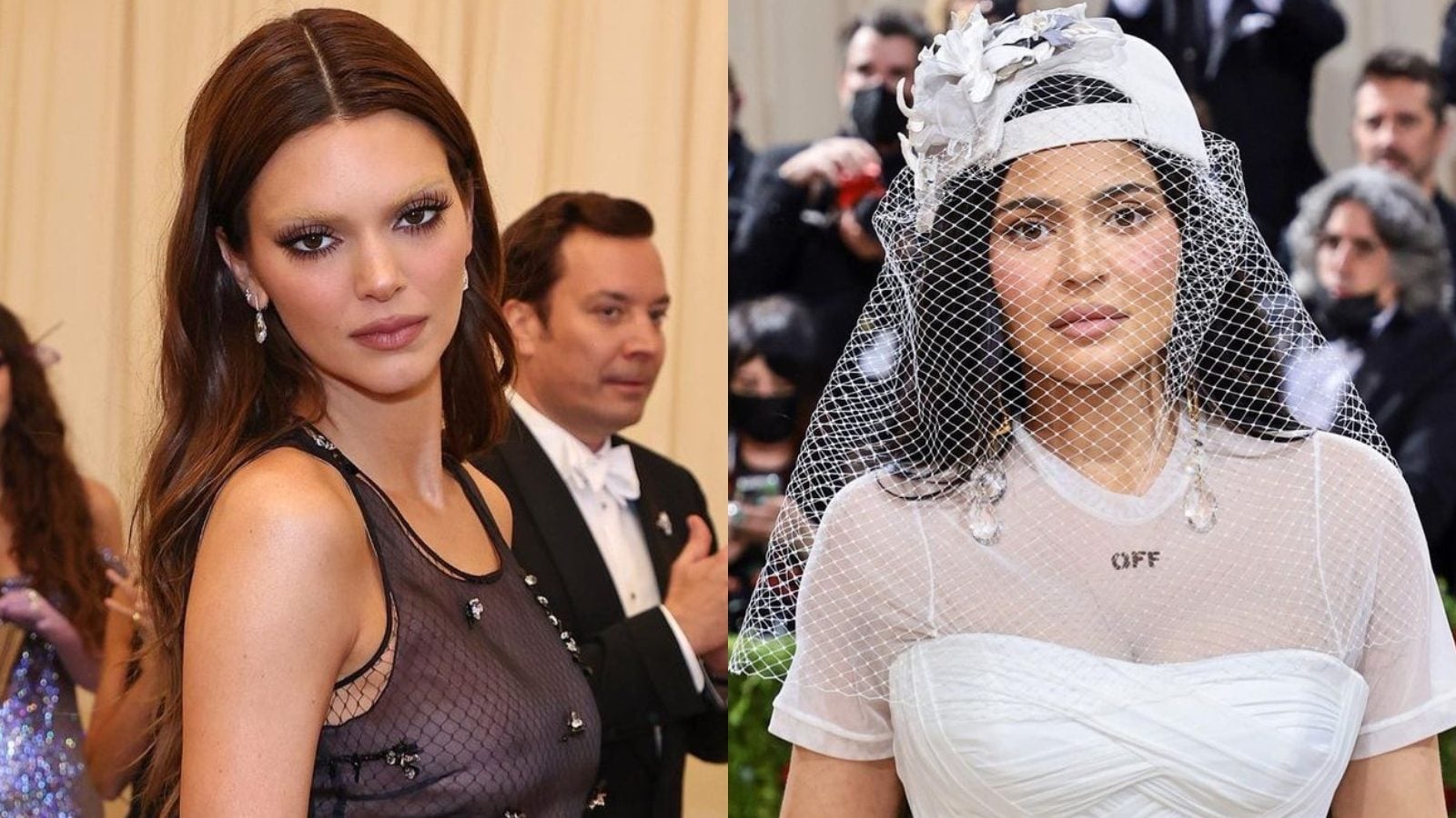 Kylie Jenner Dresses as Bride in Baseball Cap; Kendall Jenner Goes Braless,  Dyes Brows for Met Gala