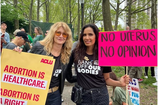 Laura Dern and Padma Lakshmi at the abortion rights rally in Los Angeles.