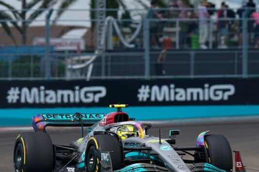 Mercedes driver Lewis Hamilton of Britain races during the Formula One Miami Grand Prix auto race at the Miami International Autodrome, Sunday, May 8, 2022, in Miami Gardens, Fla. (AP Photo/Lynne Sladky)