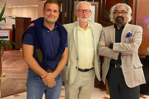 Gandhi, who was on a visit to London, met Corbyn on Monday and the Indian Overseas Congress shared the picture of the two along with Sam Pitroda. Pic/Twitter