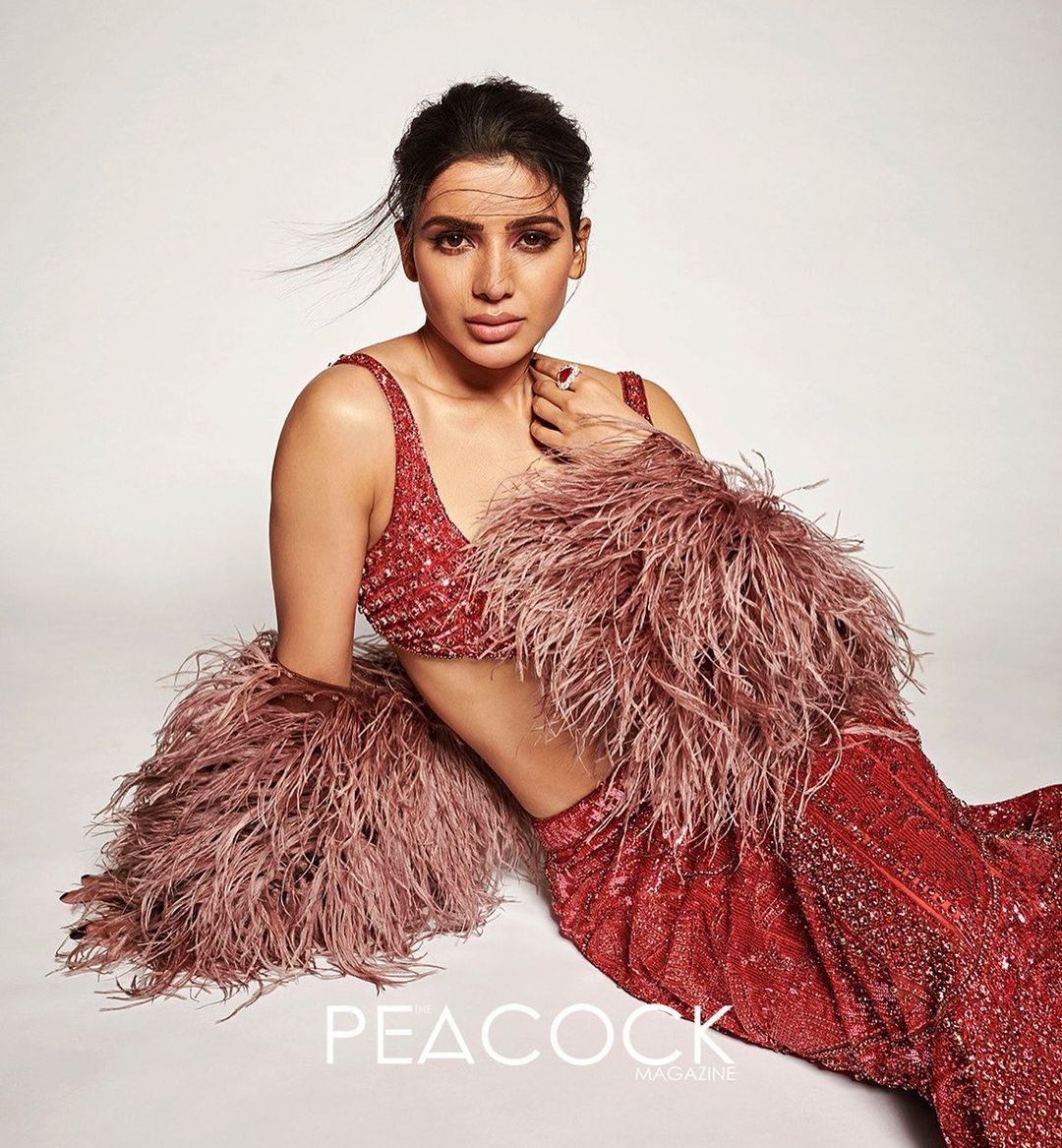 Samantha Ruth Prabhu looks stunning in the red shimmery outfit. (Image: Instagram) Samantha Ruth Prabhu looks stunning in the red shimmery outfit.