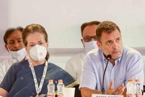 Congress President Sonia Gandhi with party leader Rahul Gandhi during a meeting at the 'Nav Sankalp Shivir', in Udaipur. (PTI Photo)