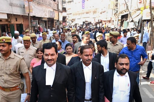 Court commissioner and nominated members arrive for the survey of the Gyanvapi Masjid complex and Shringar Gauri, in Varanasi, on May 6. (PTI File Photo)