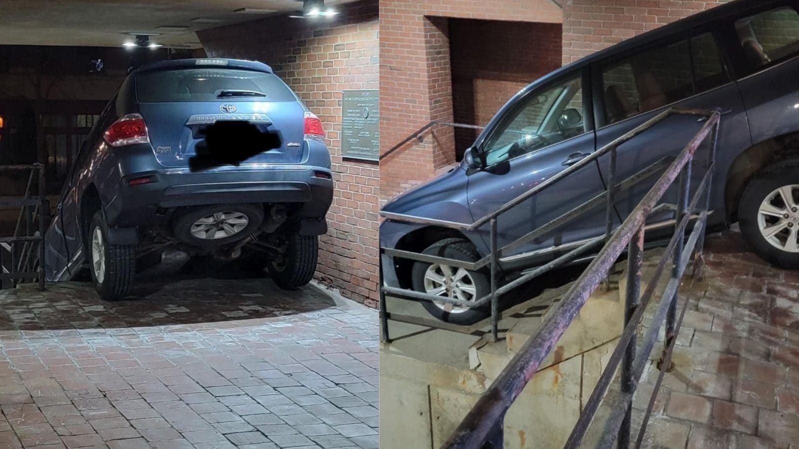 Photos of the SUV stuck on a flight of stairs