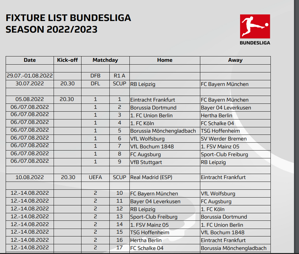 German Bundesliga 2022/2023 Fixtures and Scoresheet »