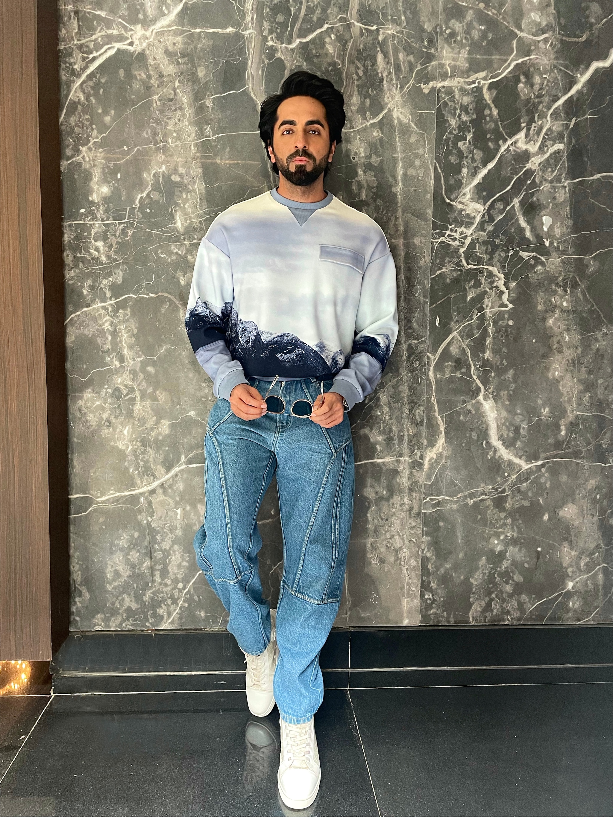 Ayushmann Khurrana keeps it cool in a Kerag Mountain print sweatshirt designed by Genes Lecoanet Hemant