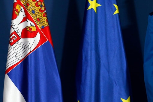 Serbian (left) and EU flags in Belgrade, Serbia. (Image: AP file)
