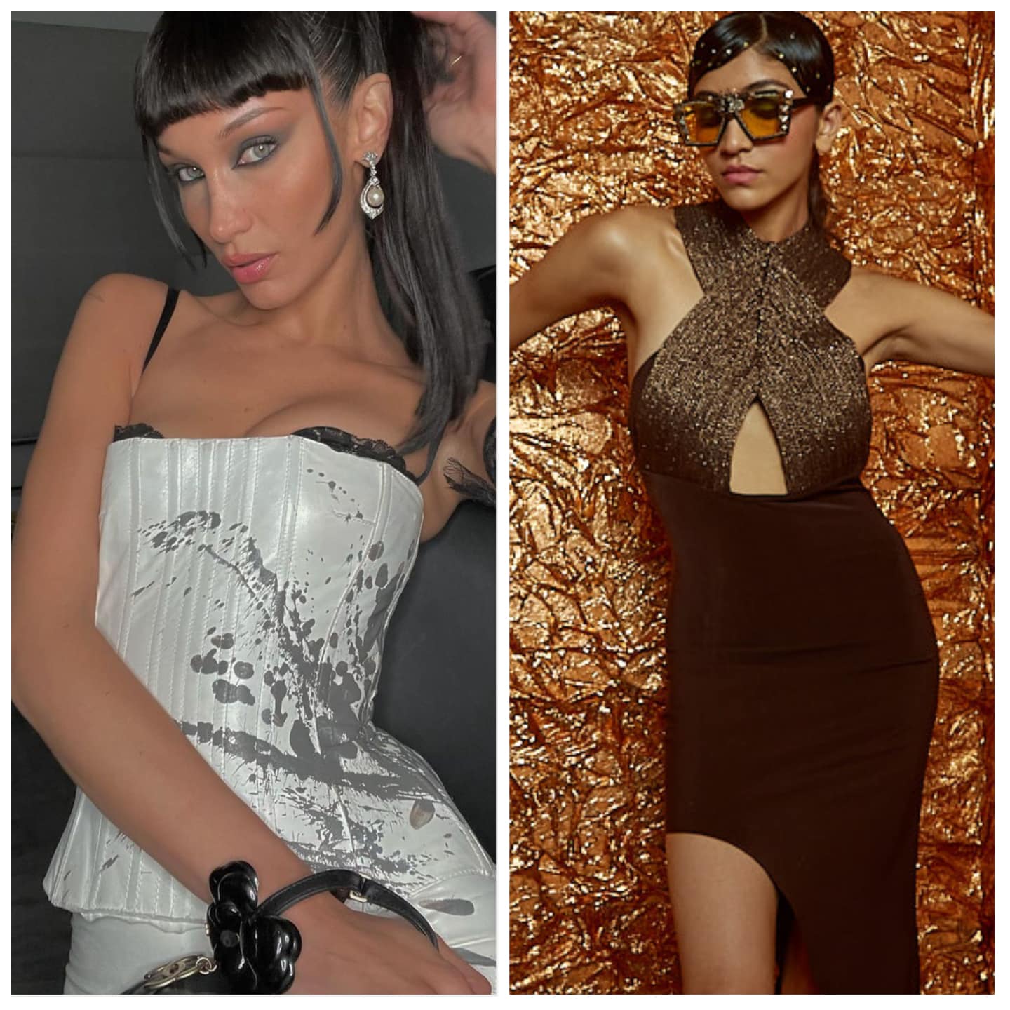 Brown subtle halter neck dress with an asymmetrical hemline by Bella Hadid and (right) Nirmoh (Image: Instagram)