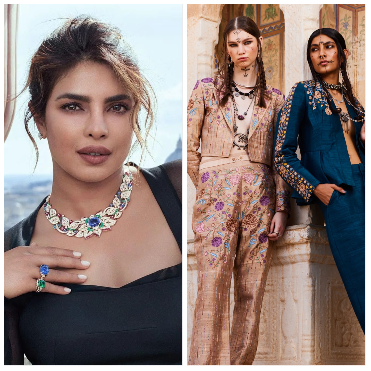 Priyanka Chopra and (right) an contemporary Indian ensemble designed by Shruti Sancheti. Image: Instagram