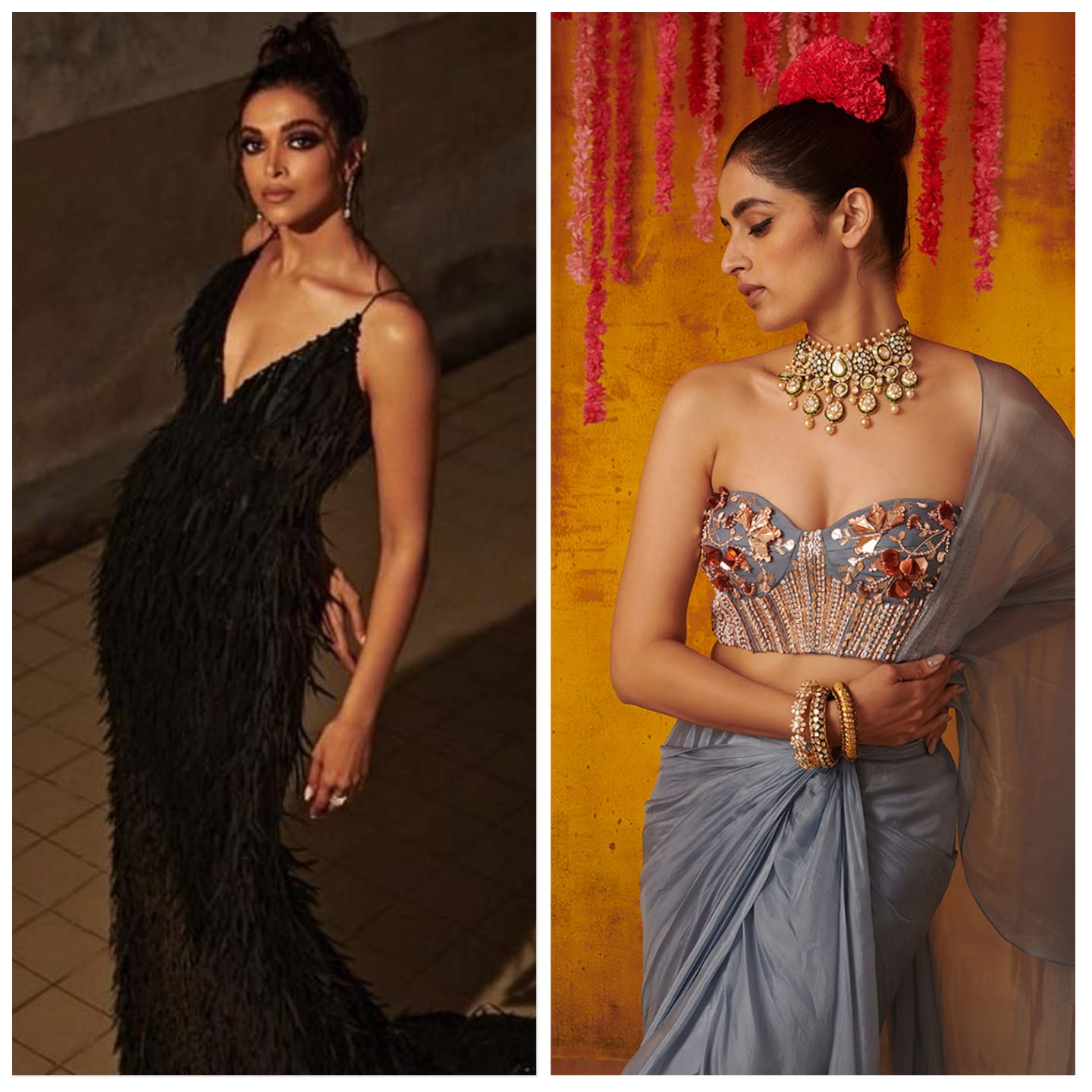 Indo-Western drape saree designed by Deepika Padukone and (right) Masoom Mewawala.  Image: Instagram