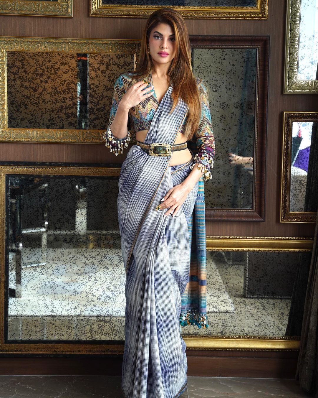 Jacqueline Fernandez looks graceful in the printed saree.