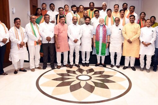 The corporators were accompanied by Telangana BJP chief Bandi Sanjay Kumar and Union minister G Kishan Reddy, who is also from the state. (Image: Special Arrangement)