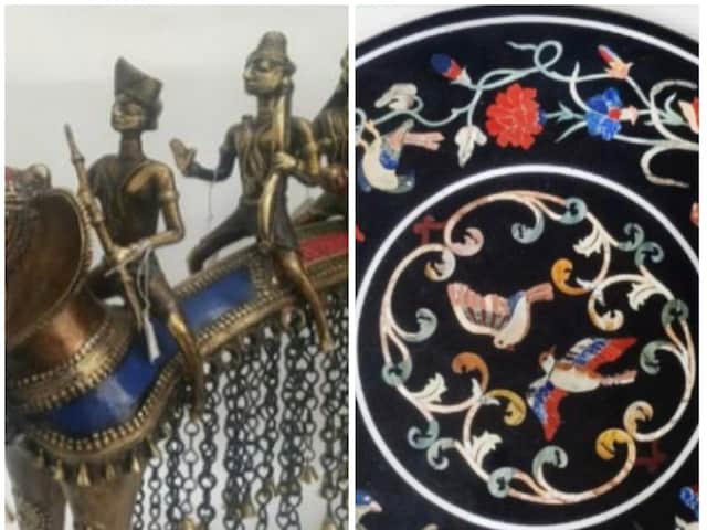 Dokra Art with Ramayana Theme from Chattisgarh (L) and Marble Inlay table top from Agra (R). (Image: ANI)