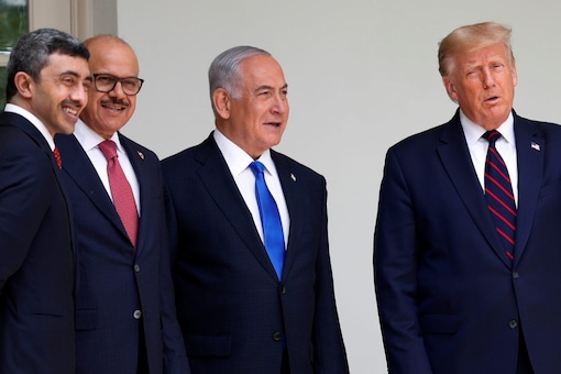In this file photo, former US president Trump talks with UAE foreign minister Abdullah bin Zayed, Bahrain's foreign minister Abdullatif Al Zayani and Israel's former PM Netanyahu before the signing of the Abraham Accords in 2020 (Image: Reuters File)