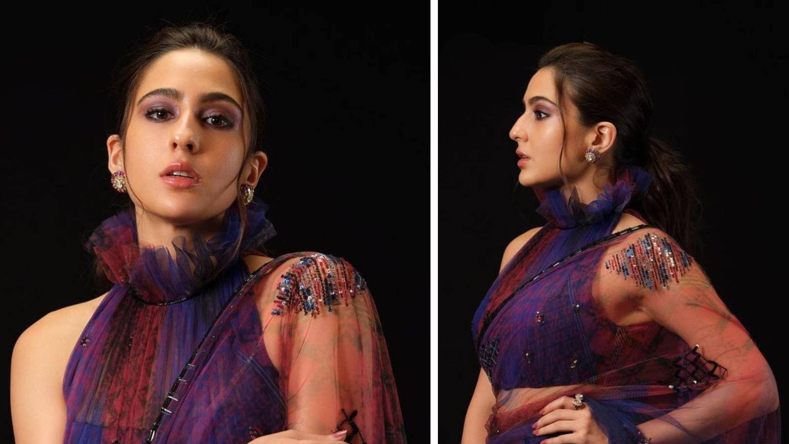 Sara Ali Khan Spells Elegance In Semi Sheer Purple Saree Check Out The Diva S Most Gorgeous