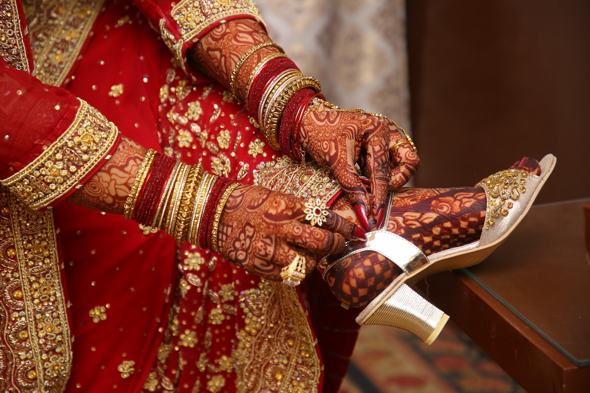 Footwear with sequins and thread work will enhance your bridal look Image Shutterstock