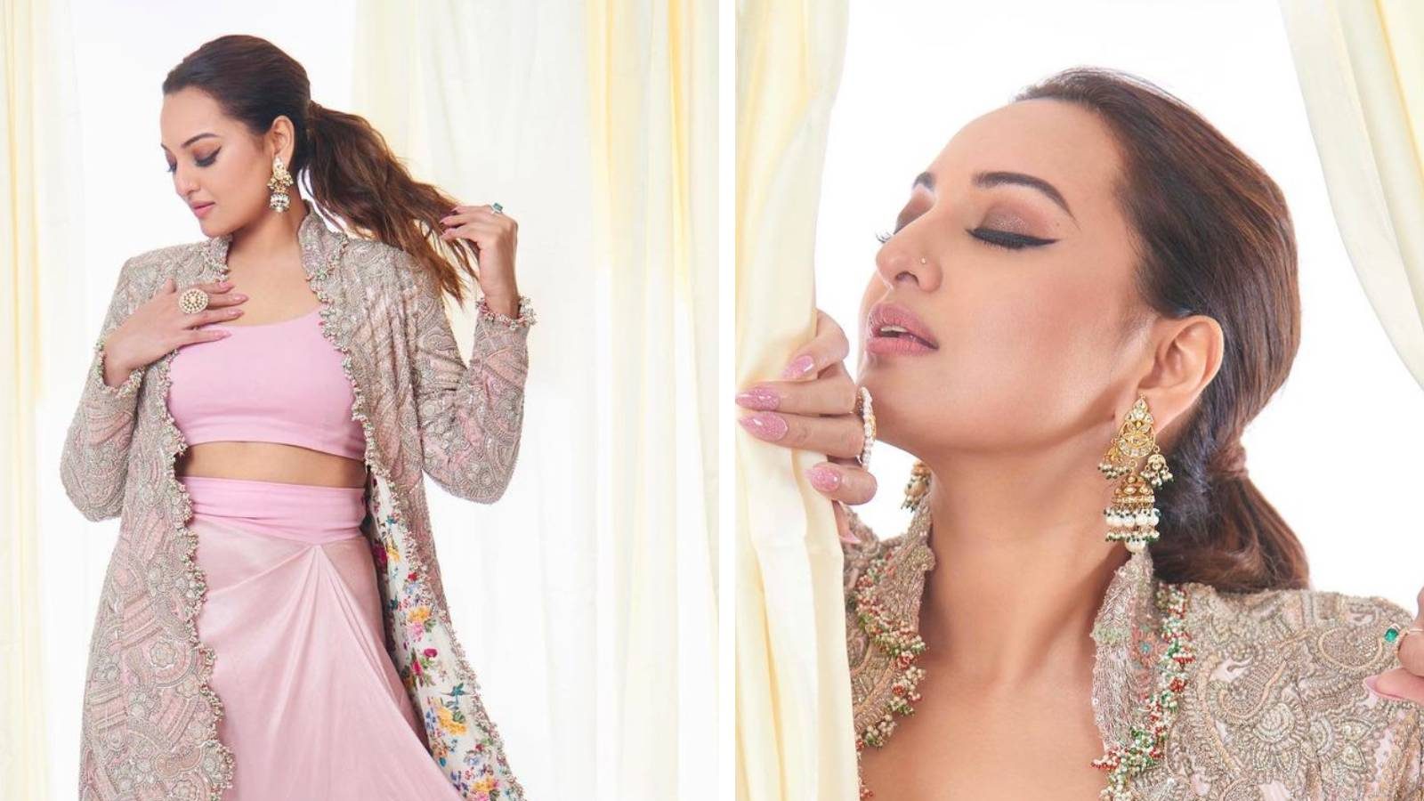Sonakshi Sinha Makes Glam Quotient In Pink Skirt Set And Embellished Jacket See The Divas