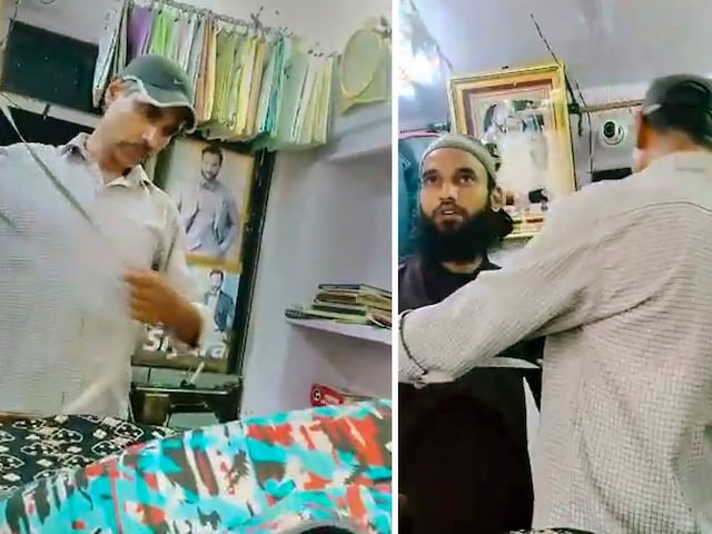 In this combo image, Kanhaiya Lal, a tailor works at his shop before he was attacked by an assailant with a sharp weapon while the other filmed the crime, in Udaipur on June 28. (Image: PTI)