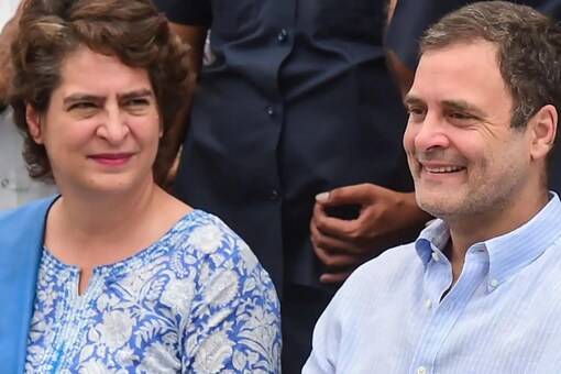 Congress leader Rahul Gandhi with Priyanka Gandhi Vadra at the AICC headquarters before leaving for the ED office to appear in the National Herald case, in New Delhi on Tuesday. (Image: PTI Photo/Kamal Kishore)