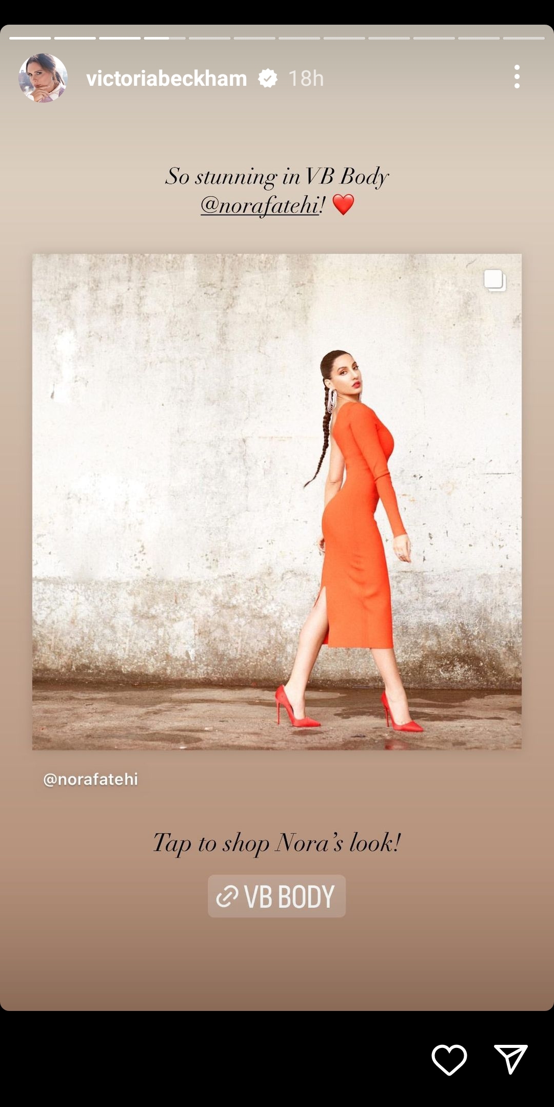 Nora Fatehi's post which Victoria Beckham reshared on her Instagram account.