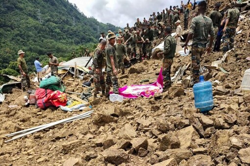 Rescue operations underway after a massive landslide hit the Tupul railway construction camp in Noney district of Manipur, Thursday, June 30, 2022. (PTI Photo)  