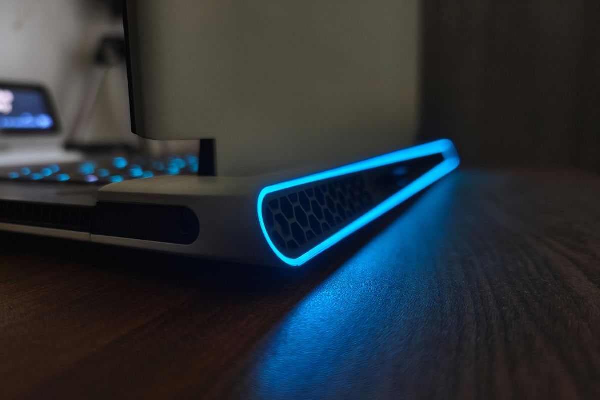 The ports on the back, covered with an LED strip give a Alienware X17 R1 a distinct and cool look. (Image Credit: News18/ Darab Mansoor Ali)