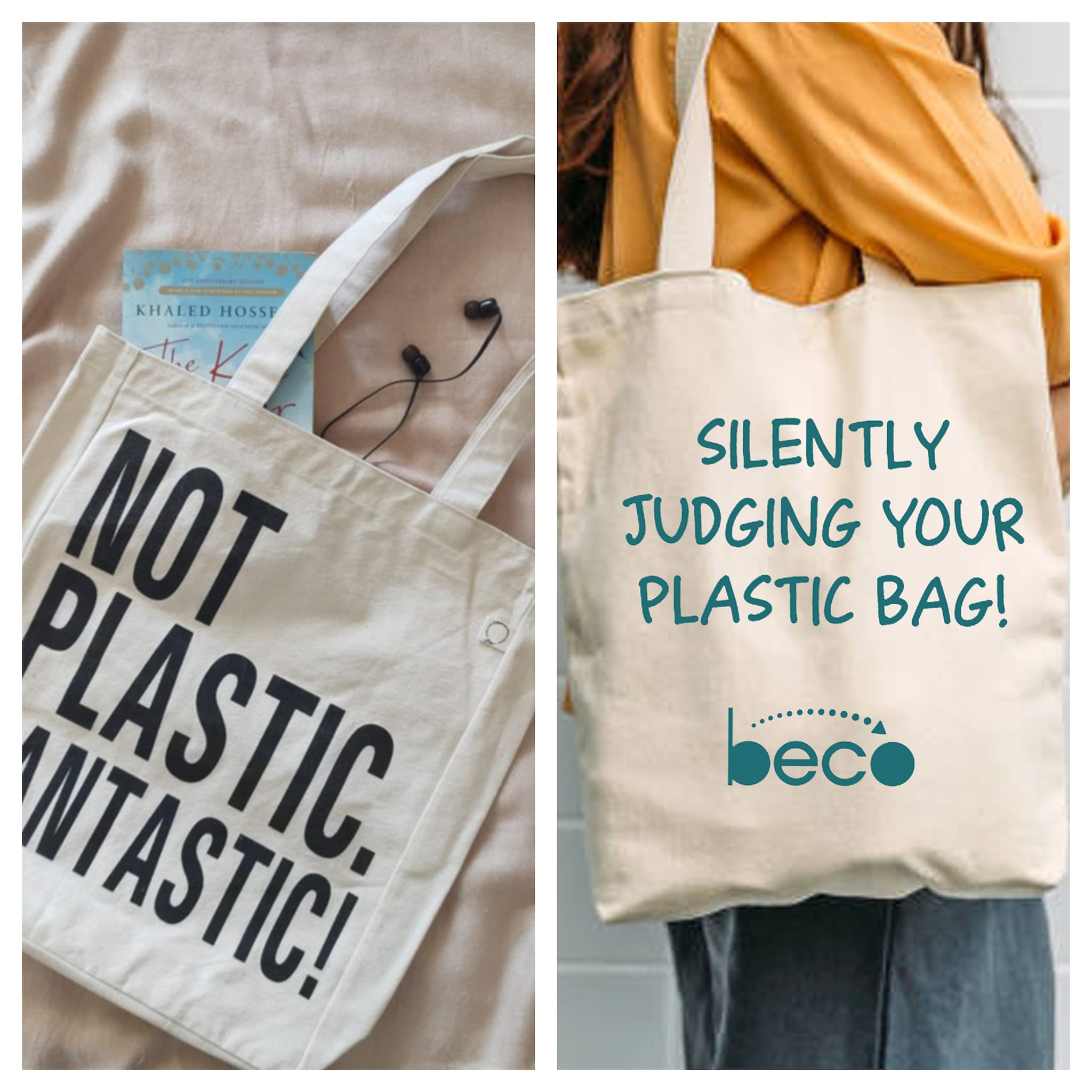 Say whats on your mind to plastic bag users with Meolaas canvas tote bag left and Becos Reusable Cloth Bag