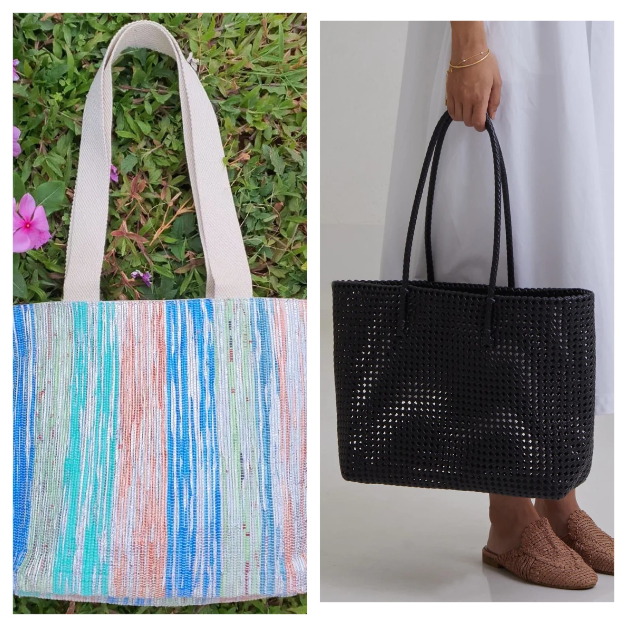 Upcycled plastic handwoven bags made by left reCharkha and right The Summer House